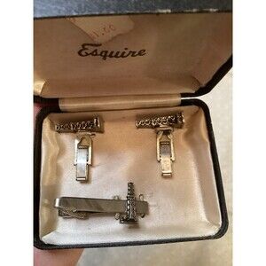 Oil Well Rig Pumper Stainless Steel Tie Clip & Matching Cufflinks Boxed Vintage